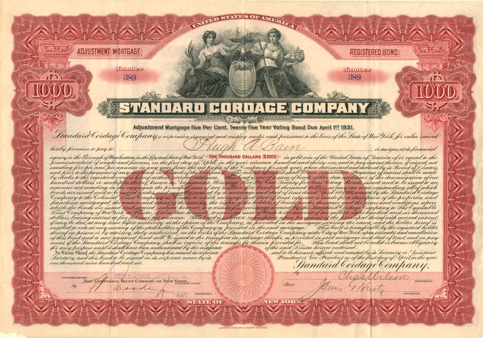 Standard Cordage Co. - $1000 (Uncanceled)